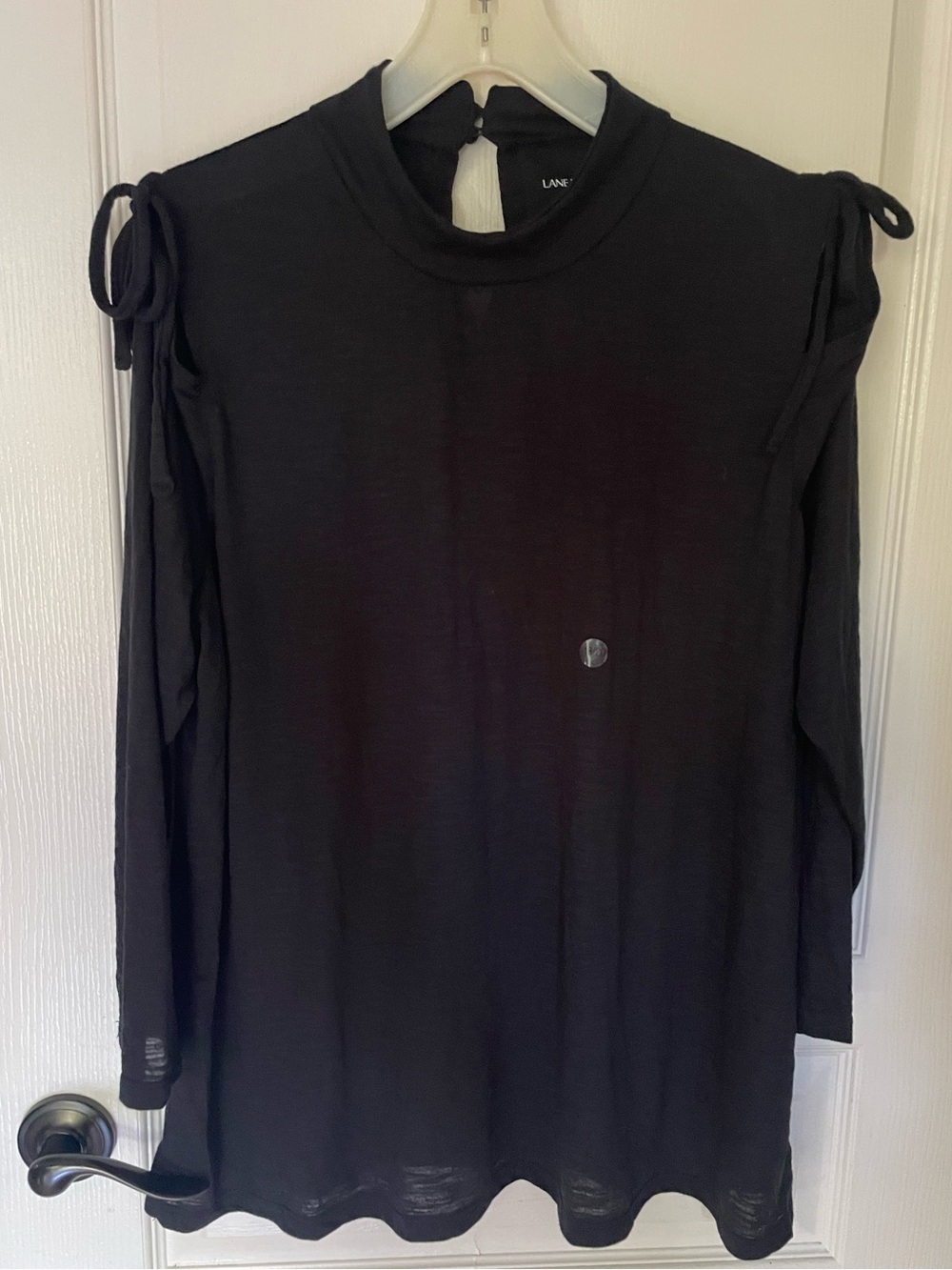 Lane Bryant Black Long Sleeve Tie-Shoulder Mock Neck Tee